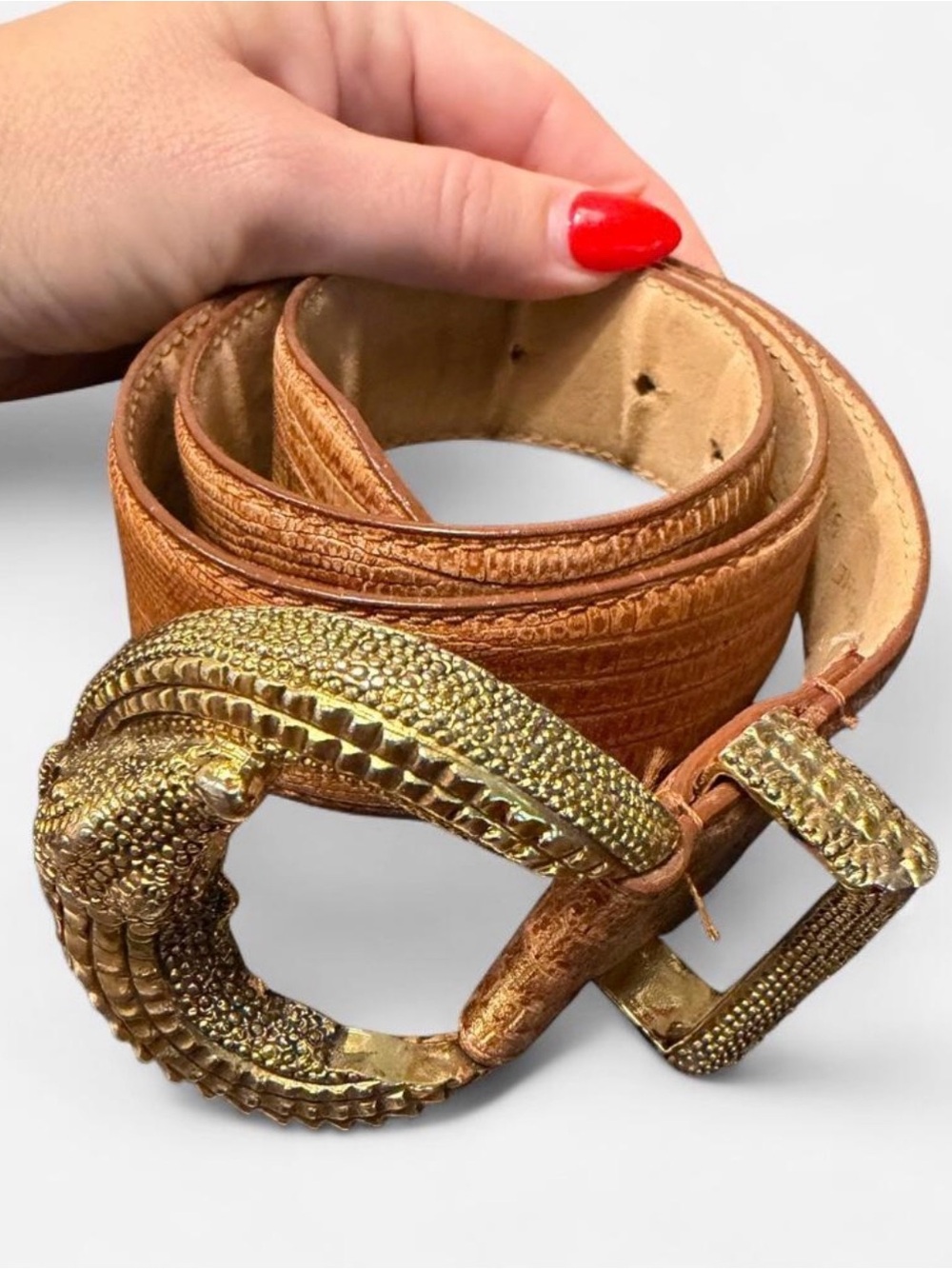 Tan Vintage Men’s Women’s Croc Leather Belt with Golden Animalier Style Buckle
